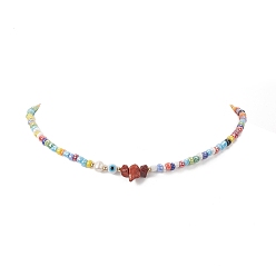 Colorful Rainbow Color Glass Beaded Bracelet & Necklace Sets, Natural Cultured Freshwater Pearl & Red Jasper & Handmade Evil Eye Lampwork Beaded Jewelry for Women, Colorful, Bracelet Inner Diameter: 2-1/8 inch(5.3cm), 1pc, Necklace: 15-3/4 inch(40.1cm), 1pc