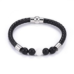 Black Men's Braided Leather Cord Bracelets, with Natural Howlite and Black Agate(Dyed), Brass and Stainless Steel Findings, Black, 8-1/2 inch(21.5cm), 6mm