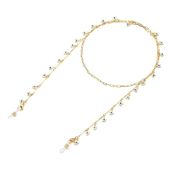 White Eyeglasses Chains, Neck Strap for Eyeglasses, with Brass Bar Link Chains & Cable Chains, Enamel, 304 Stainless Steel Lobster Claw Clasps and Rubber Loop Ends, Star with Evil Eye, Golden, White, 31.69 inch(80.5cm)