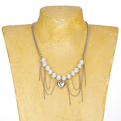 Blanc Colliers plastron à pompon en alliage avec perles rondes imitation perle et cœur pour femmes, platine, blanc, 13.78 pouce (35 cm)