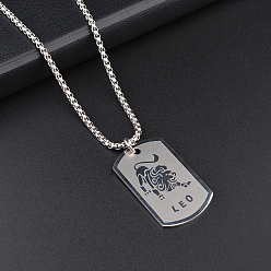 Лео Прямоугольник с подвеской из сплава созвездия 316l ожерелья из хирургической нержавеющей стали, цвет нержавеющей стали, Лев, 27.56 дюйм (70 см)