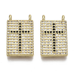 Black Brass Micro Pave Cubic Zirconia Pendants, Nickel Free, Rectangle with Cross, Real 16K Gold Plated, Black, 19x11x2mm, Hole: 1mm