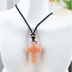 Розовый Авантюрин Подвеска в виде креста из натурального розового авантюрина на черном хлопковом шнурке., 25.20 дюйм (64 см)