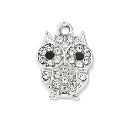 Platinum Alloy Rhinestone Pendants, Owl Charms, Platinum, 18x12.5x3mm, Hole: 2mm