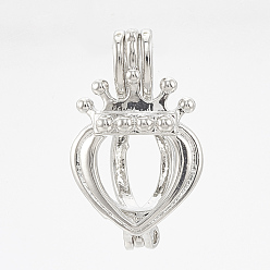 Platinum Brass Locket Pendants, Cage Pendants, Cadmium Free & Nickel Free & Lead Free, Hollow, Heart with Crown, Platinum, 20x12x8mm, Hole: 4x2.5mm, inner measure: 8mm