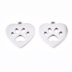 Color de Acero Inoxidable Colgantes para mascotas de acero inoxidable que no se deslustran, colgantes de corte por láser, corazón con huella de perro, color acero inoxidable, 201 mm, agujero: 15x14.5x1 mm