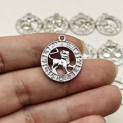 Лео Подвески из сплава со стразами на тему созвездий, плоские круглые прелести, серебряные, Лев, 24x21 мм