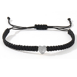 Letter E 304 браслеты из плетеных бусин в форме сердца из нержавеющей стали с буквами, регулируемые плетеные браслеты из нейлонового шнура для парной дружбы, платина, Письмо E