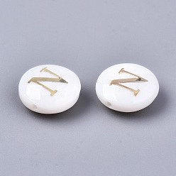 Letter N Natural Freshwater Shell Beads, with Golden Plated Brass Etched Metal Embellishments, Flat Round, Seashell Color, Letter.N, 8x3~5mm, Hole: 0.5~07mm