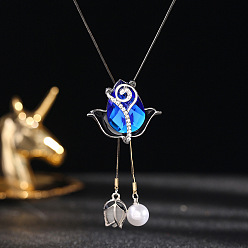 Platino Collares largos con borlas de aleación de flores, diamantes de imitación de zafiro y perlas de plástico para mujer, Platino, 33.46 pulgada (85 cm)