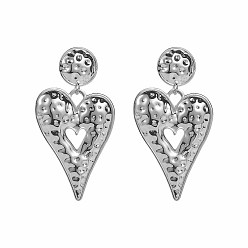 Stainless Steel Color Alloy Stud Dangle Earrings for Women, Heart, Stainless Steel Color, 75x40mm