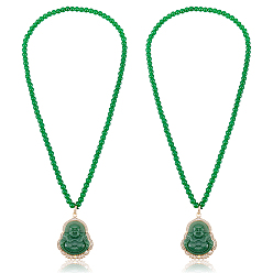 Золотой 2шт. подвеска Будды из сплава и стекла 6мм. круглые стеклянные бусы, зелёные, золотые, 27.17~27.56 дюйм (69~70 см)