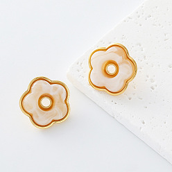 Flower 304 Stainless Steel Resin Stud Earrings for Women, Golden, with Imitation Pearl, Flower, 22mm