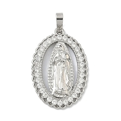 Платина Латунные микропаве прозрачные подвески с фианитом, овал с подвесками Девы Марии, без кадмия и без свинца, долговечный, стойки покрытие, платина, 26.5x17.5x3 мм, отверстие : 5x3.5 мм