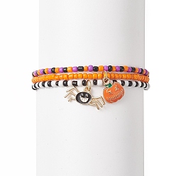 Mixed Color 3Pcs 3 Style Glass Seed Beaded Stretch Bracelets Set, Halloween Pumpkin & Spider Alloy Enamel Charms Stackable Bracelets for Women, Mixed Color, 2~2-1/8 inch(4.95~5.35cm), 1Pc/style