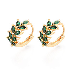 Темно-Зеленый Серьги-кольца в форме листа с микропаве из кубических цирконий из латуни, реальный 18 k позолоченный, темно-зеленый, 15x15.5x7.5 мм