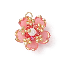 Красный Подвески сакуры из стеклянных бусин ручной работы, с акриловыми и 304 нержавеющими кольцами для прыжков, красные, 18.5x18.5x11.5 мм, отверстие : 2.5 мм