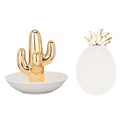 Gold Cactus Porcelain Ring Holder, with Pineapple Porcelain Jewelry Plate, Gold, 2pcs/box