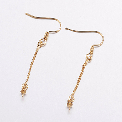 Golden Brass Earring Hooks, For Half Drilled Beads, Long-Lasting Plated, Lead Free & Cadmium Free, Golden, 52mm, 24 Gauge, Pin: 0.5mm