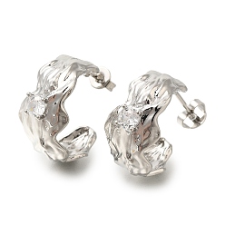 Платина Серьги-гвоздики из латуни c-образной формы с прозрачным паве из кубического циркония, долговечный, без свинца и без кадмия, платина, 20x11 мм