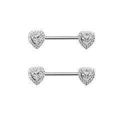 Сердце Кольца для сосков из латуни с прозрачным кубическим цирконием, 304 штифты для пирсинга сосков из нержавеющей стали, цвет нержавеющей стали, сердце, 16 мм, штифты : 1.6 мм