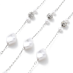 Нержавеющая Сталь Цвет Цепочки из нержавеющей стали ручной работы 304, с полимерными стразами и искусственным жемчугом из АБС-пластика, пайки, ромб, с катушкой, цвет нержавеющей стали, 10x7.5x4.5 мм, около 16.40 футов (5 м) / рулон