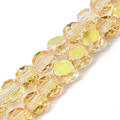 с Золотистым Покрытием Стеклянные бусины с гальваническим покрытием , плоско-круглые, с половиным покрытием, граненые, с золотым покрытием, 8x5 мм, отверстие : 1.2 мм, около 54 шт / нитка, 15.51 дюйм (39.4 см)