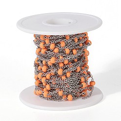 Orange 304 Stainless Steel Handmade Beaded Chains, with Glass, with Spool, Stainless Steel Color, Orange, 7~7.5x4~5mm, about 32.8 Feet(10m)/roll