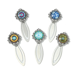 Antique Silver Mosaic Printed Glass Cabochons Bookmarks, Tibetan Style Alloy Book Making Clips, Antique Silver, 81x31mm