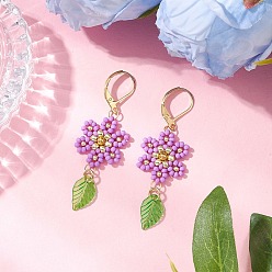 Сливовый 304 серьги-гвоздики с застежкой-молнией в форме цветка и листа из нержавеющей стали, со стеклянными бусинами, нейлоновой проволокой и акриловыми подвесками, золотые, слива, 56x18 мм