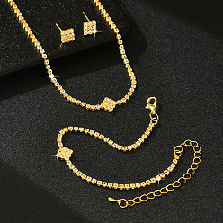 Золотой Комплекты браслетов, серег и ожерелий из латуни со стразами, квадратный, золотые, 310 мм