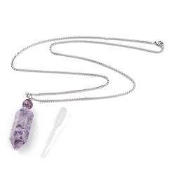 Stainless Steel Color Natural Amethyst Openable Perfume Bottle Pendant Necklaces, with 304 Stainless Steel Box Chains and Plastic Dropper, Bullet, Stainless Steel Color, 27.95 inch(71cm)