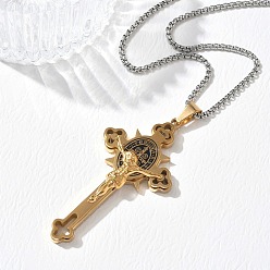 Golden & Stainless Steel Color Religion 201 Stainless Steel Enamel Saint Benedict Crucifix Cross Pendant 304 Stainless Steel Box Chain Necklaces, Black, Golden & Stainless Steel Color, 23.54 inch(59.8cm)