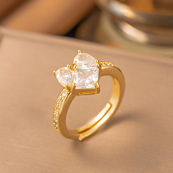 Corazón Anillos abiertos de latón con micro pavé de circonita cúbica, dorado, corazón, 15~20 mm