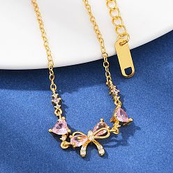 Золотой Латунь микро проложить кубического циркония браслеты ссылку, браслеты-цепочки для женщин, бантом и сердце, золотые, 6-3/4 дюйм (17.1 см)