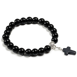 Обсидиан Браслеты с подвесками из натурального обсидиана и синтетической бирюзы, эластичные браслеты для мужчин и женщин, крестик