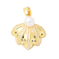 Настоящее золото 18K Латунные подвески, без кадмия и без свинца, с эмалью, подвески в виде гребешка, с ABS имитации жемчуга, долговечный, стойки покрытие, реальный 18 k позолоченный, 16x16x7 мм, отверстие : 4.5x2.5 мм