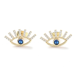 Golden Brass Micro Pave Cubic Zirconia Stud Earrings, Evil Eye Jewelry for Women, Golden, 10x18.5mm