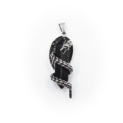 Обсидиан Подвески с двойным наконечником из натурального обсидиана, обереги дракона с граненой пулей, со сплавочной фурнитурой античного серебряного тона, 39x15 мм