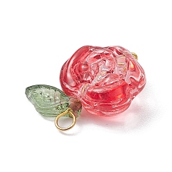 Mixed Color Glass Pendants, with Brass Loop and Acrylic Leaf, Rose Flower, Mixed Color, 1.85x1.5x0.75cm, Hole: 2.2mm