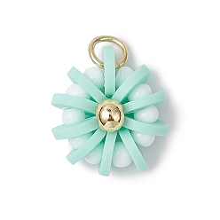 Средний Бирюзовый Подвески из полимерной глины, стеклянных семян и латуни ручной работы, цветок, с 304 кольцами из нержавеющей стали, средне бирюзовый, 15x14x6 мм