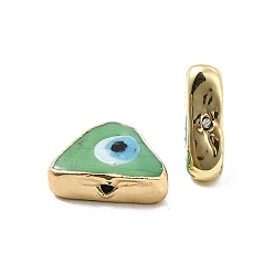 Dunkles Seegrün Messing Emaille-Perlen, langlebig überzogen, echt 18 k vergoldet, Dreieck mit Muster des bösen Blicks, dunkles Seegrün, 10~11.5x13~13.5x4~5 mm, Bohrung: 1.6~1.8 mm