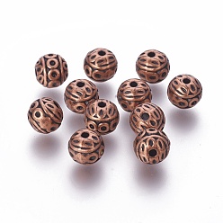Red Copper Tibetan Style Zinc Alloy Beads, Textured Round, Cadmium Free & Nickel Free & Lead Free, Red Copper, 8mm, Hole: 1mm