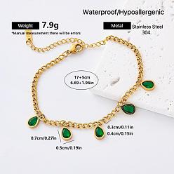Teardrop 304 Stainless Steel Emerald Rhinestone Colorful Charm Bracelets, Golden, Teardrop, 6.69 inch(17cm)