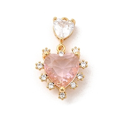 Розовый Латунь стекло амулеты, сердце, без никеля , реальный 18 k позолоченный, граненые, туманная роза, 25x15.5x7 мм, отверстие : 1 мм