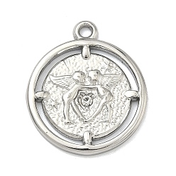 Нержавеющая Сталь Цвет Кованые 304 подвески из нержавеющей стали, плоская круглая форма с двойными подвесками в виде ангелов, цвет нержавеющей стали, 23.5x20x2 мм, отверстие : 1.7 мм