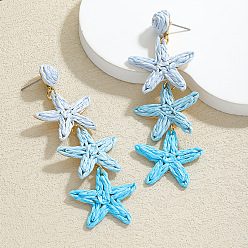 Светло-Голубой Серьги-гвоздики из сплава рафии в виде морских звезд, золотые, Небесно-голубой, 89x30 мм