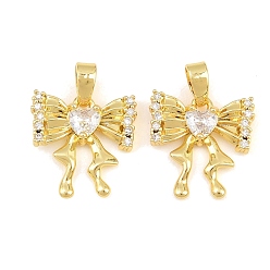 Real 18K Gold Plated Brass Micro Pave Clear Cubic Zirconia Pendants, Bowknot with Heart Charms, Real 18K Gold Plated, 22x20.5x2mm, Hole: 5x3mm