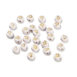 Золотистый Непрозрачные акриловые шарики, золотой металл обвитыми, плоские круглые с крестом, золотые, 7x4 мм, отверстие : 1.5 мм, Около 3600 шт / 500 г