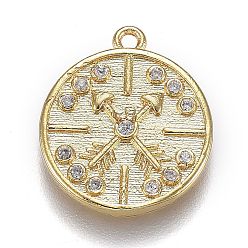 Real 18K Gold Plated Brass Micro Pave Clear Cubic Zirconia Pendants, Long-Lasting Plated, Flat Round with Clock, Real 18K Gold Plated, 17x15x2mm, Hole: 1.2mm